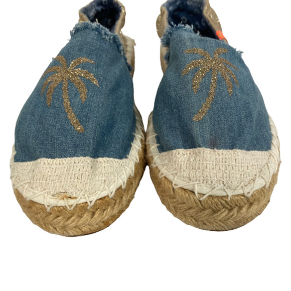 Kim Kay London Womens Sz 10 Blue Gold Palm Tree Glitter Stretch Flat Espadrilles - Picture 3 of 7